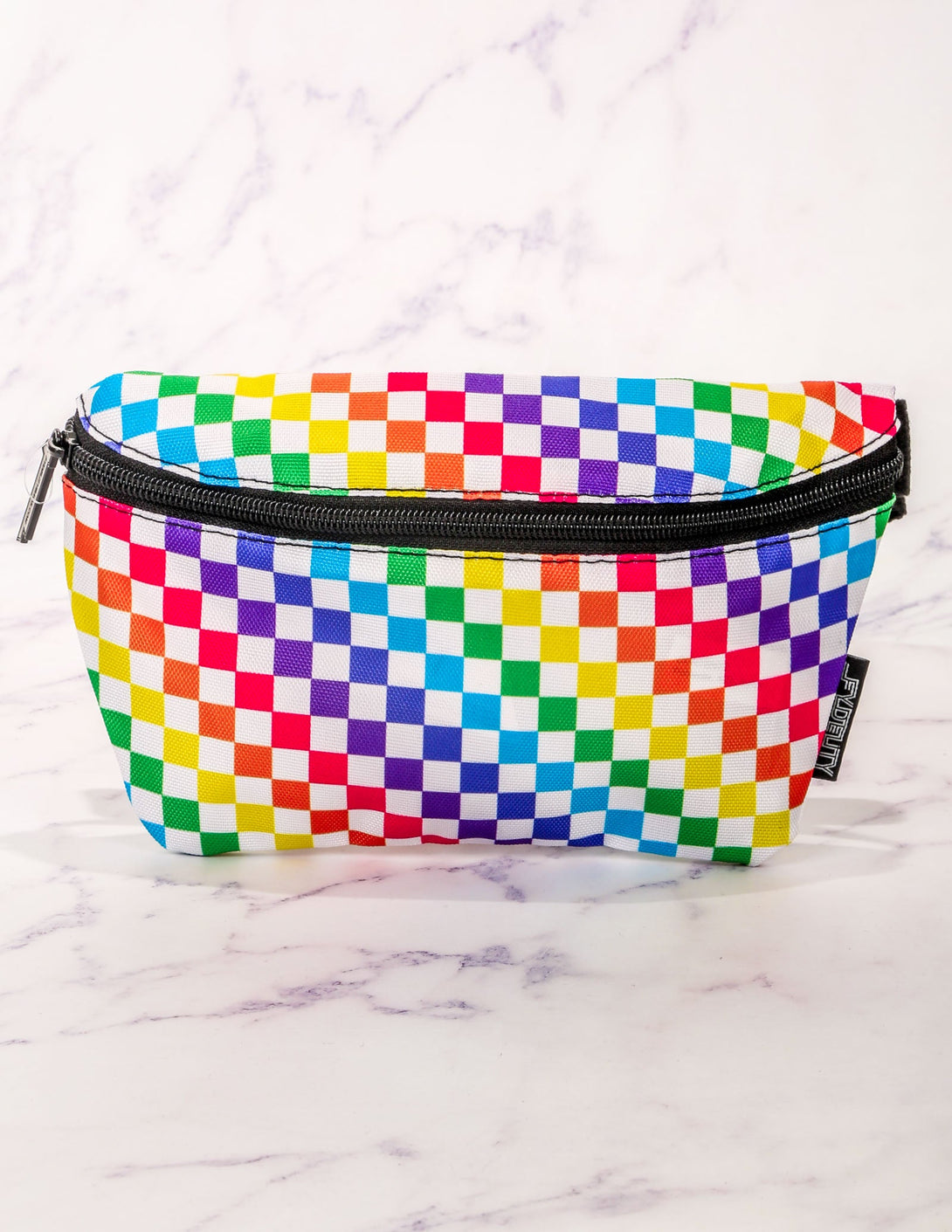 83358: Fanny Pack |Ultra-Slim Skinny Low-Profile Belt Bum Bag |PRIDE INDY Check Rainbow Black